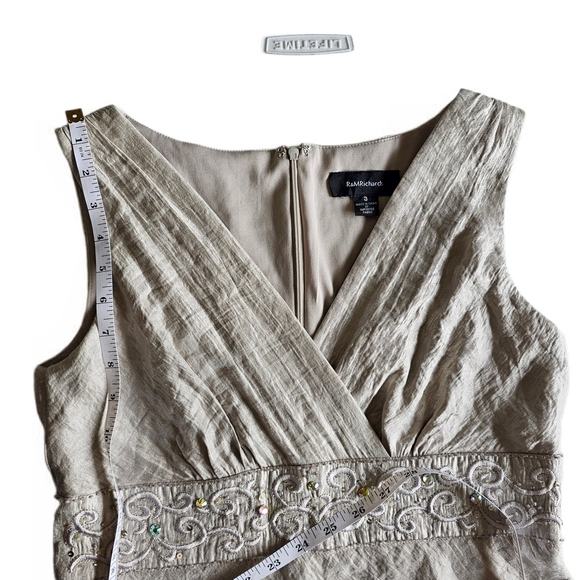 R&M Richards Iridescent Silver Jeweled Beaded Layered V Neck Cocktail Midi Dress - Picture 13 of 16